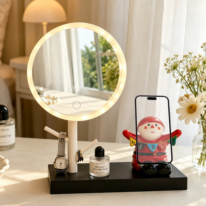 LED makeup mirror with smartphone holder