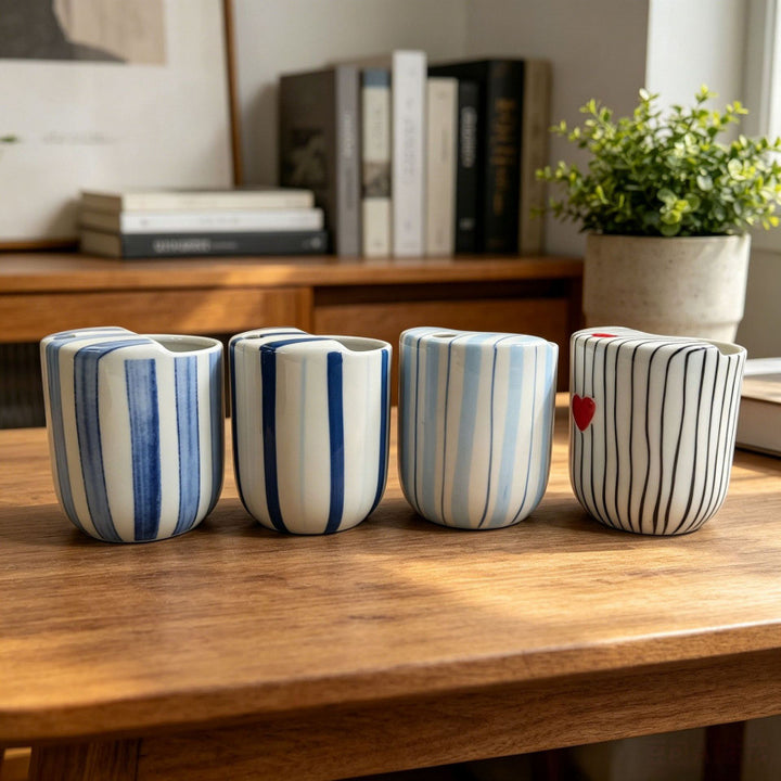 Ceramic coffee mug with stripes and heart design