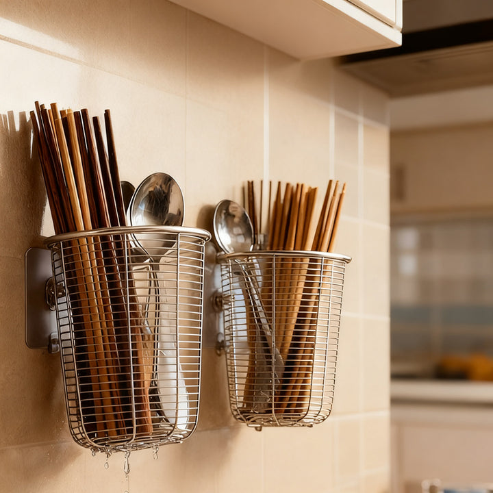Stainless steel chopstick holder with drainage, wall-mounted