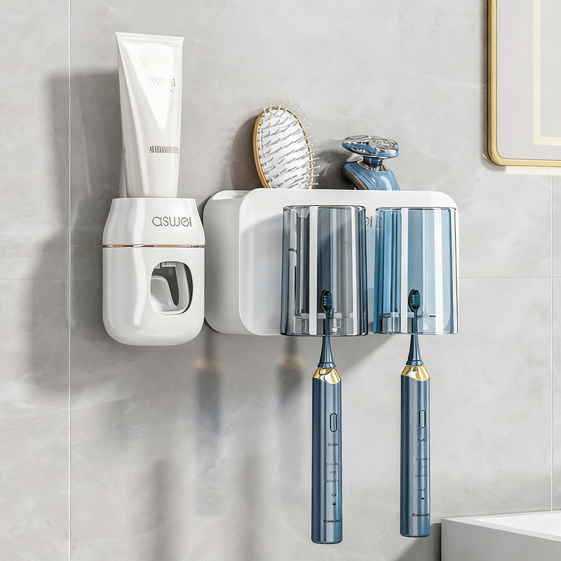 Toothbrush wall holder with toothpaste dispenser