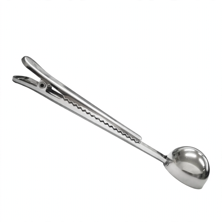2-in-1 coffee spoon and clamp made of stainless steel