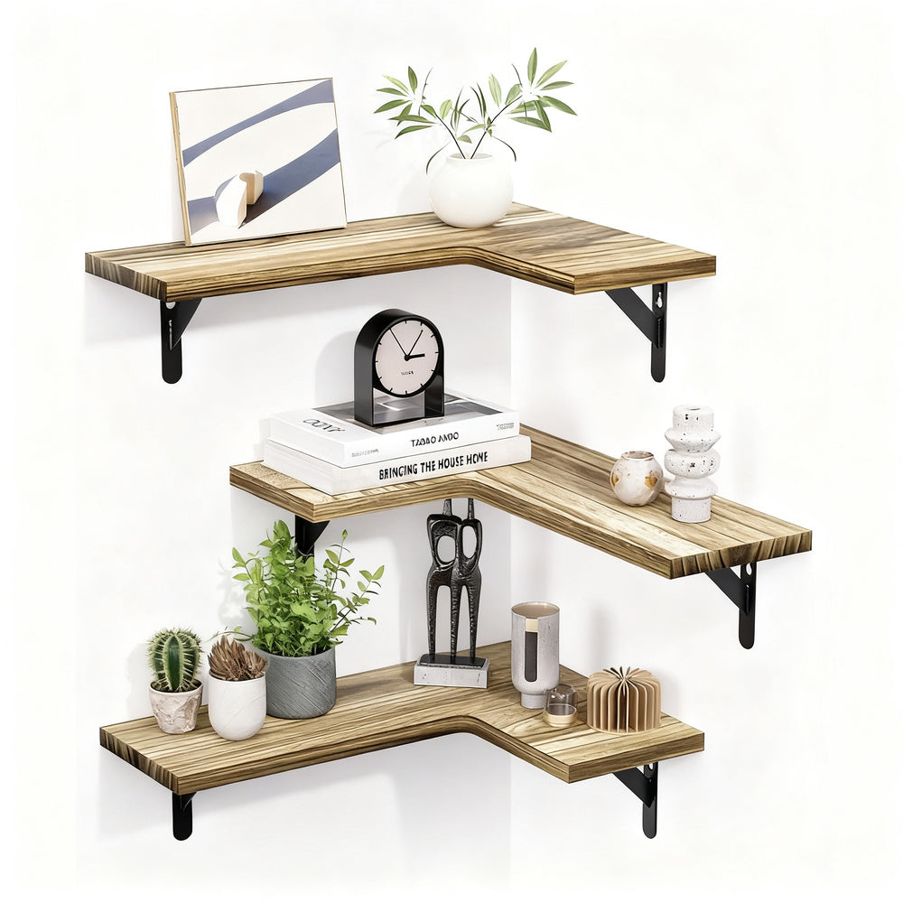 Wood and metal wall shelf, L-shape