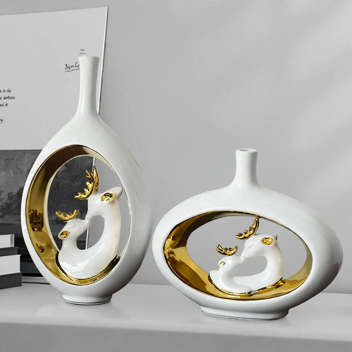 Ceramic flower vase with deer motif