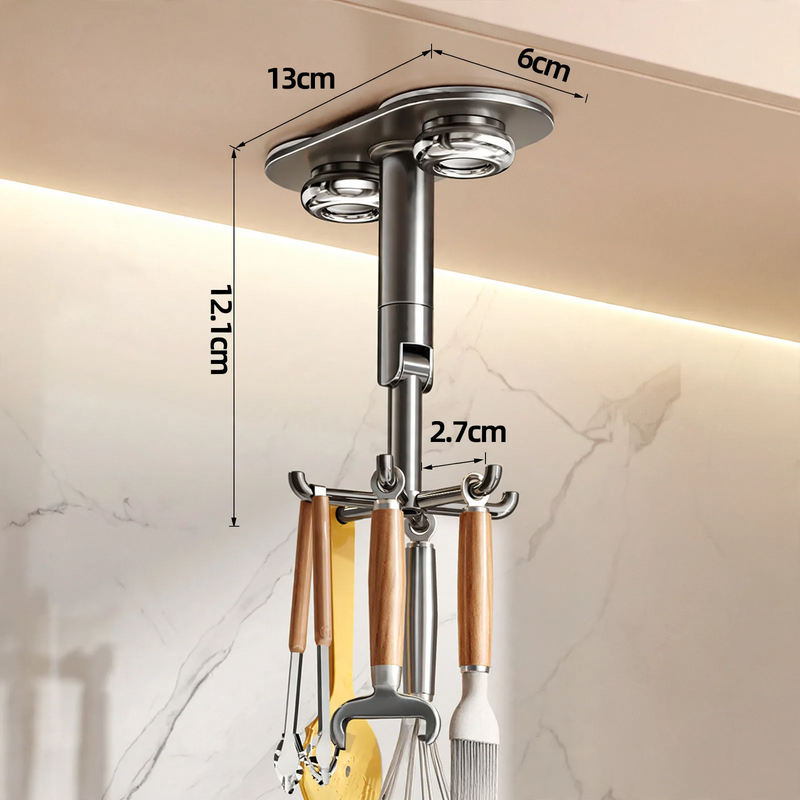 Rotating kitchen organizer, wall-mounted, 6 hooks, stainless steel