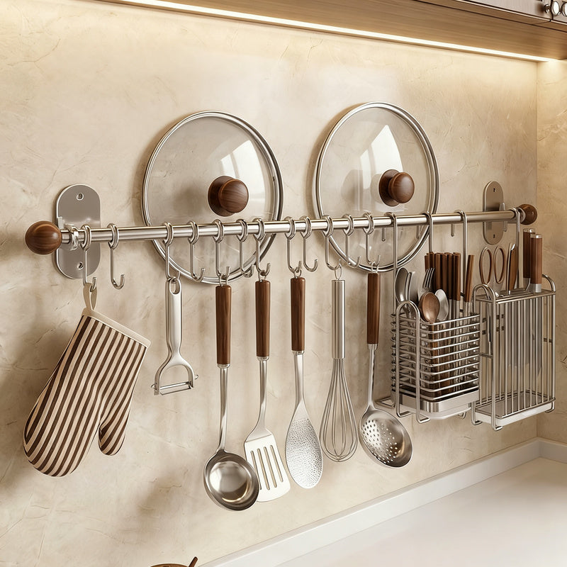 Wall mount made of stainless steel with hooks for kitchen utensils