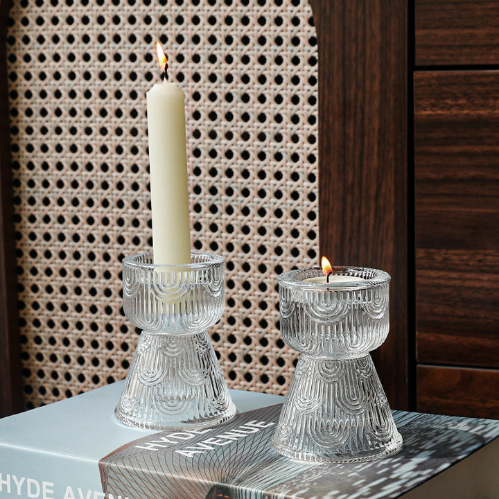 Glass candle holder, European, vintage stripes