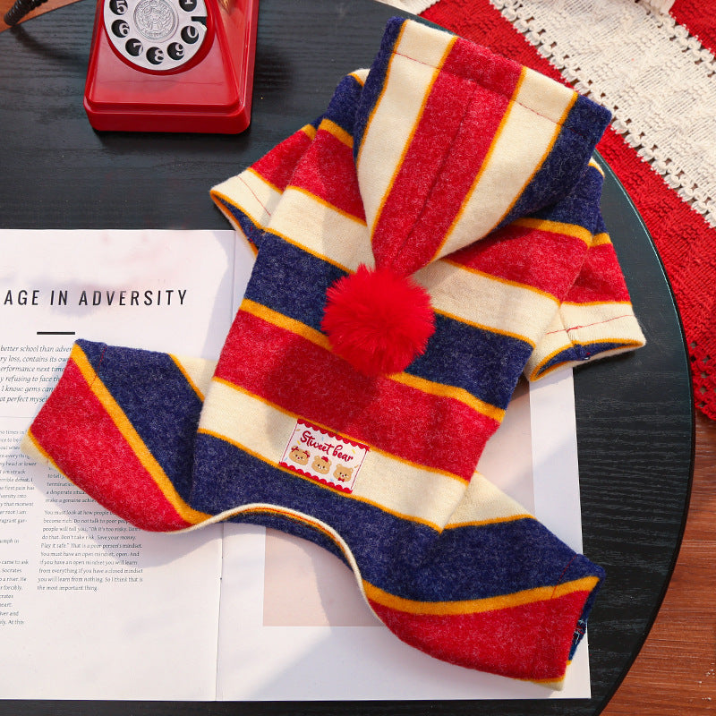 Dog sweater with four legs, red striped pattern