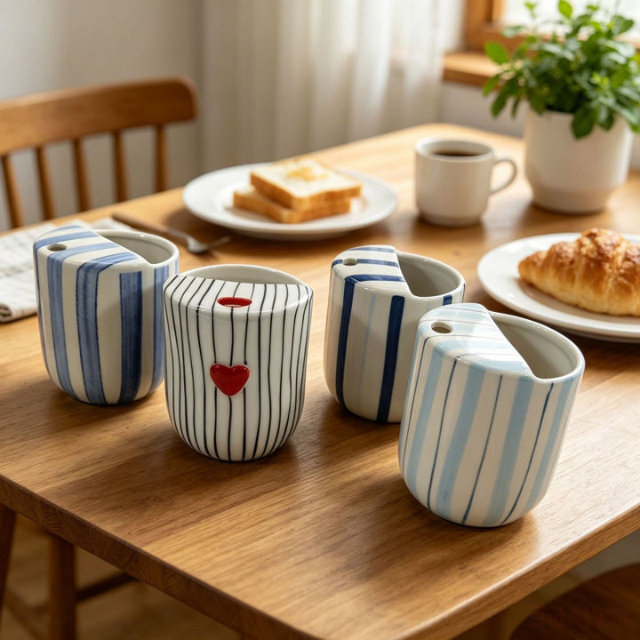 Ceramic coffee mug with stripes and heart design