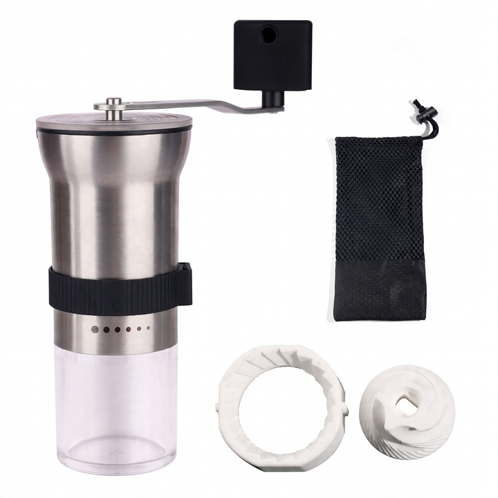 Hand crank coffee mill with ceramic or steel grinding mechanism