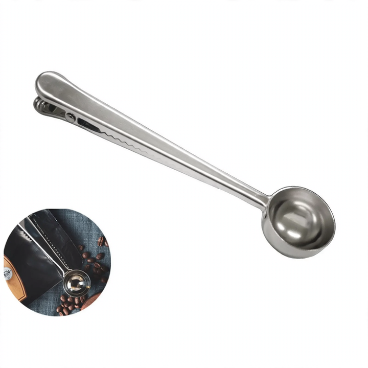 2-in-1 coffee spoon and clamp made of stainless steel
