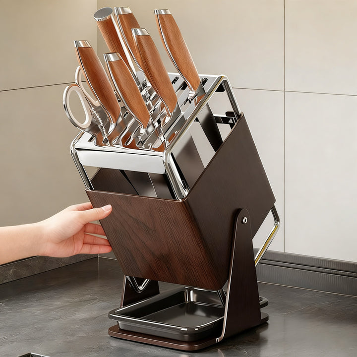 Rotating knife block made of stainless steel with accessories