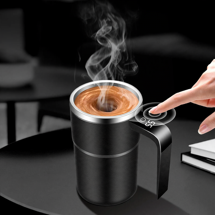 Self-stirring stainless steel coffee mug with temperature display