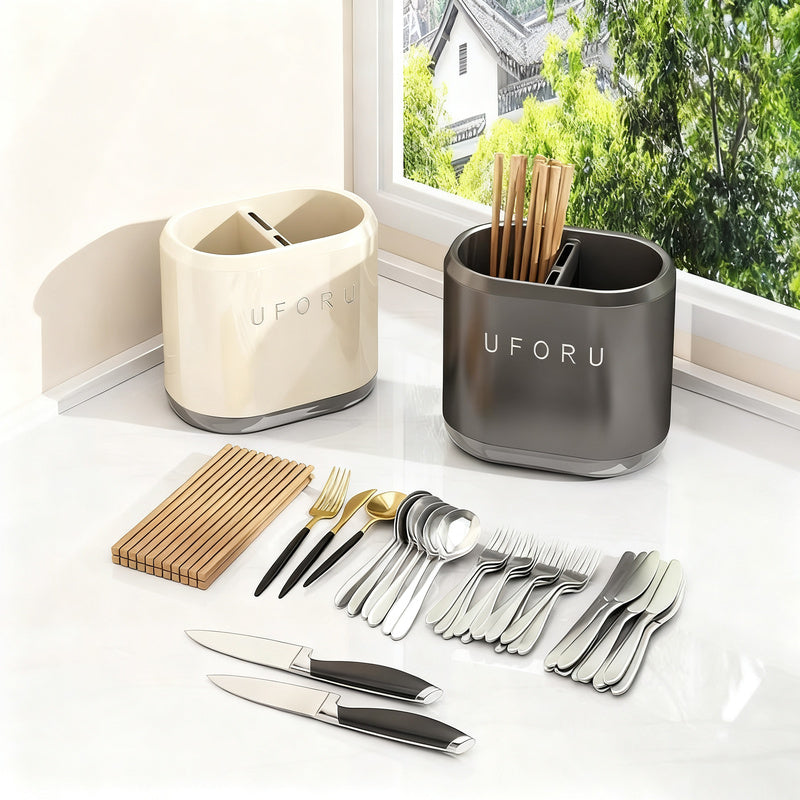 Chopstick and Cutlery Holder with Draining Tray
