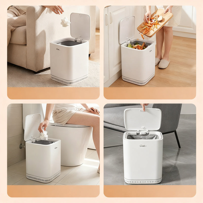 Trash can with lid and automatic bag holder