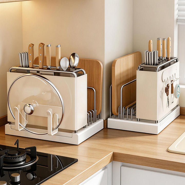 Multifunctional kitchen shelf with knife holder and draining tray