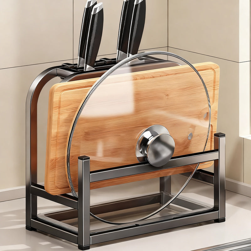 Knife block with cutting board and pot lid holder