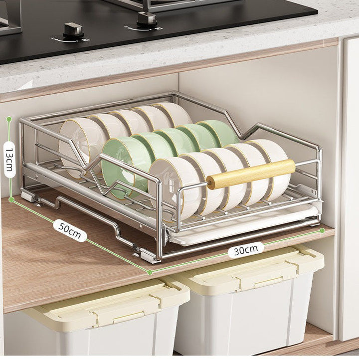Expandable dish rack made of stainless steel for cabinets
