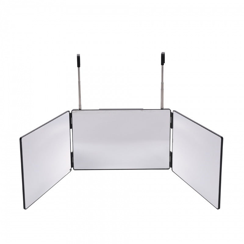 Three-part folding mirror with hooks, optionally with LED