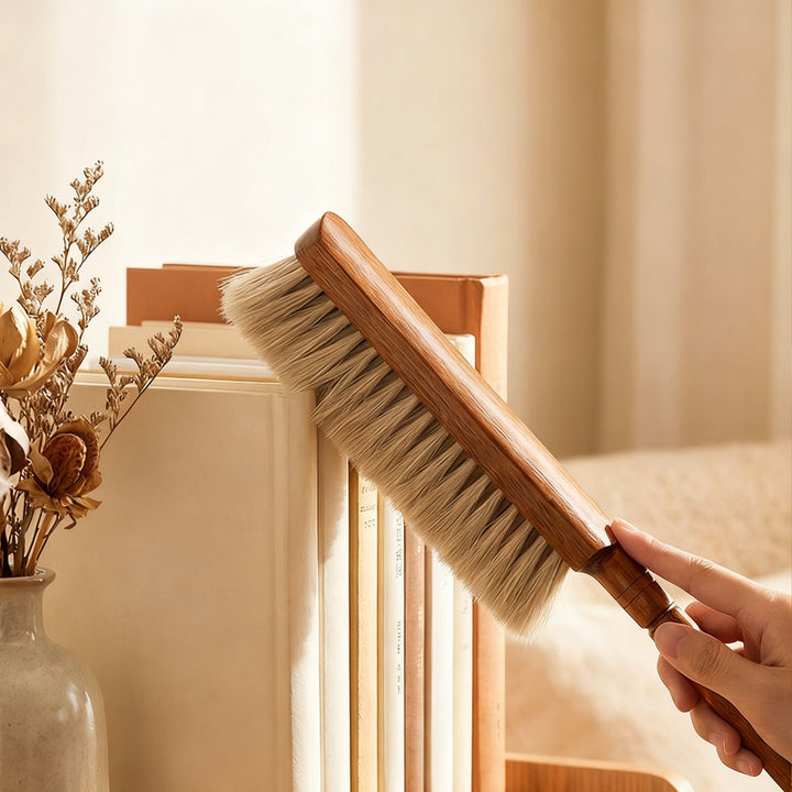 Bed brush with horsehair and long handle