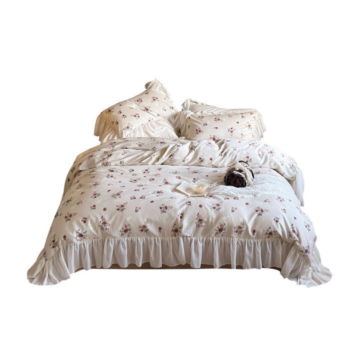 Cotton bedding set, vintage roses with lace