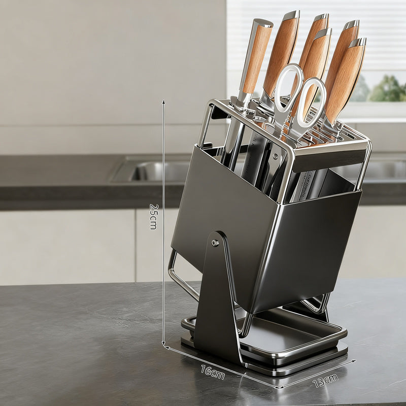 Rotating knife block made of stainless steel with accessories