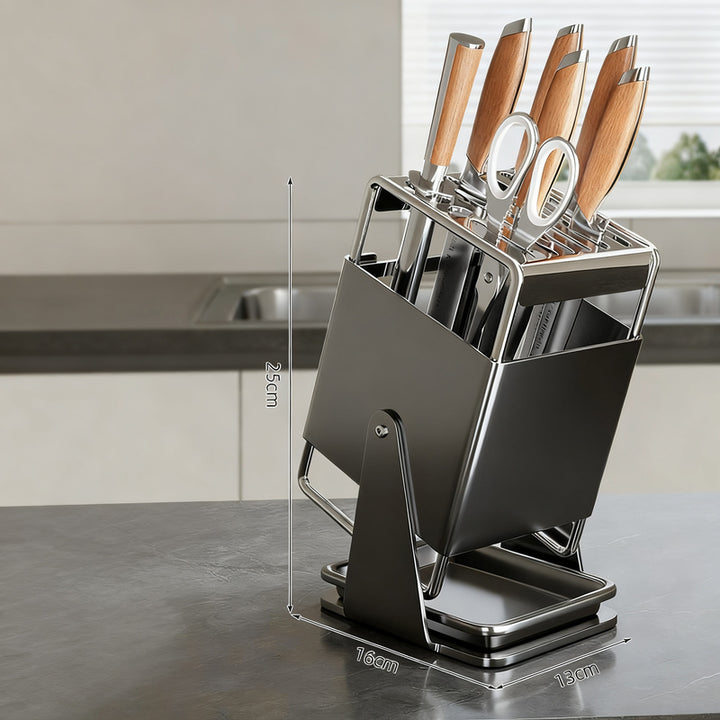 Rotating knife block made of stainless steel with accessories