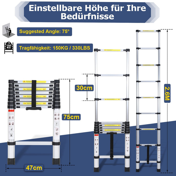 Telescopic Ladder Aluminum Load capacity up to 150kg 2.6m-5m | Kalsten