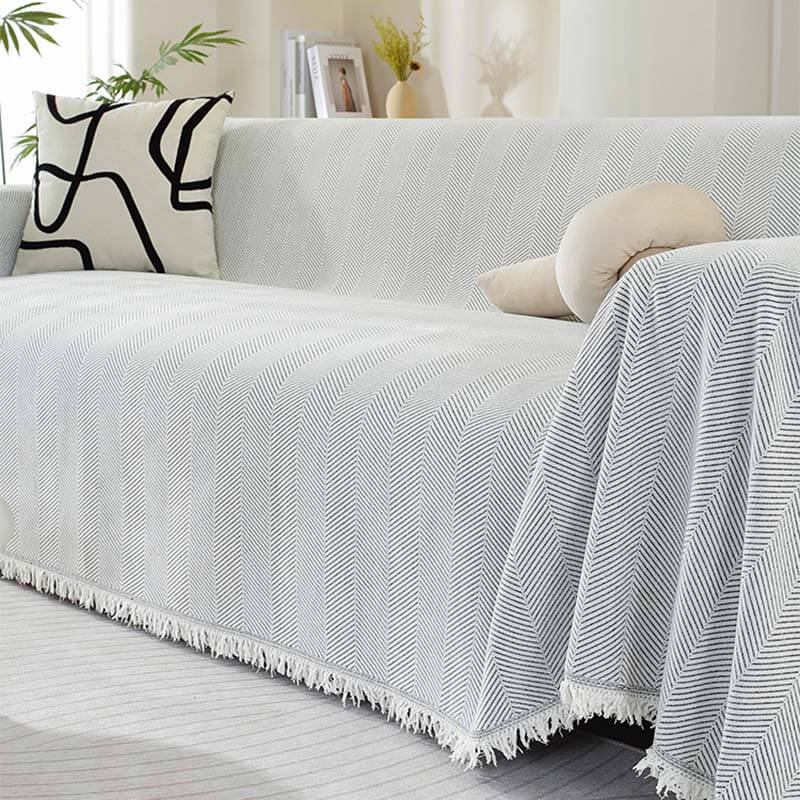 Chenille Herringbone Sofa Cover with Tassels Kalsten