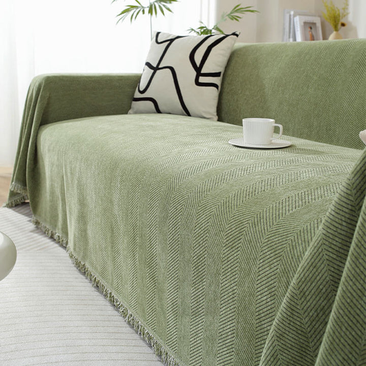 Chenille Herringbone Sofa Cover with Tassels Kalsten