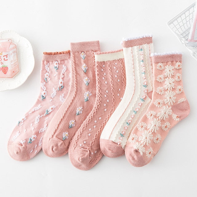 Kalsten | 5 Pair Vintage Flower Embroidery Socks