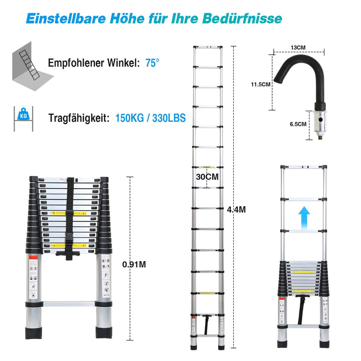 Telescopic ladder with 2 detachable hooks | Kalsten
