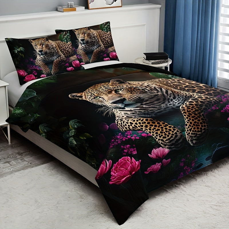 Luxurious Animal Print Bedding Set with Rose Pattern - 3-piece Noxord