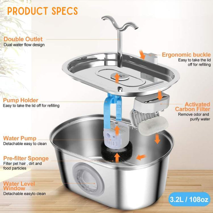 Kalsten | Cat Water Fountain made of Stainless Steel – Quiet, Hygienic and BPA-free – 2L Capacity