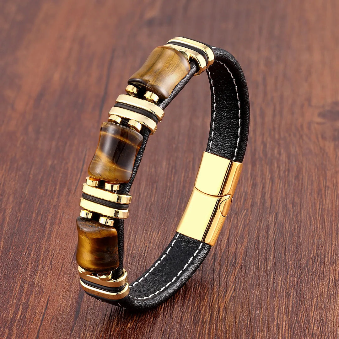 Men’s Leather Bracelet with Tiger Eye Beads Noxord