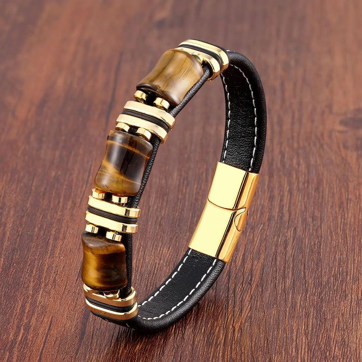 Men’s Leather Bracelet with Tiger Eye Beads Noxord