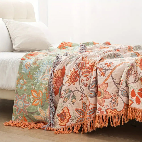 Boho Floral Cotton Throw Blanket – Soft Cream with Orange and Blue Flowers, Machine Washable, Versatile Home Decor