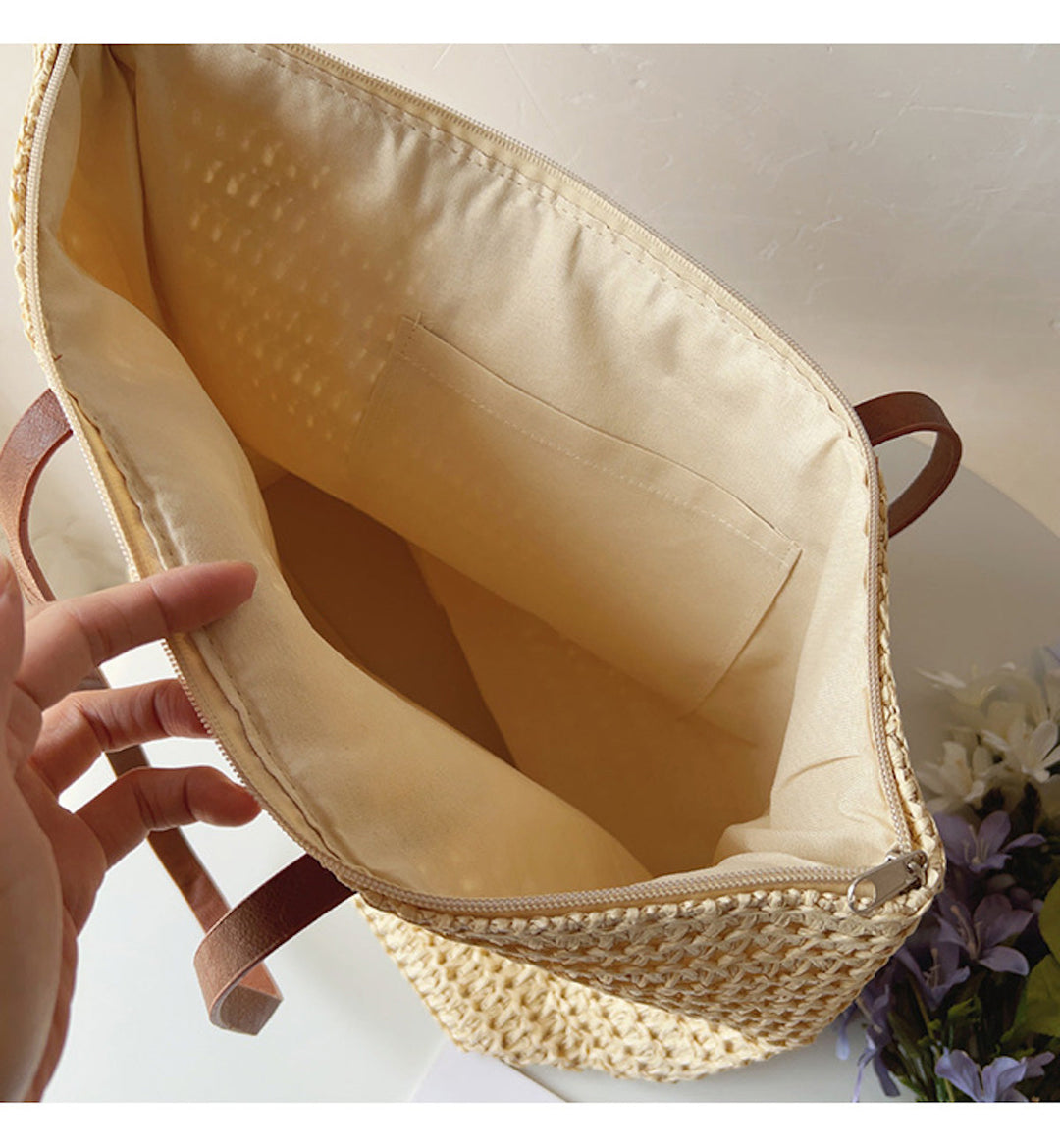 Noxord | Rattan Woven Bag with Leather Straps - SummerBreeze Tote