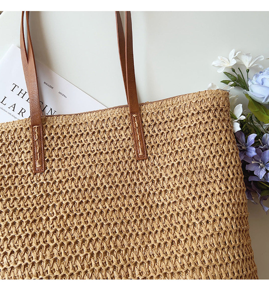 Noxord | Rattan Woven Bag with Leather Straps - SummerBreeze Tote