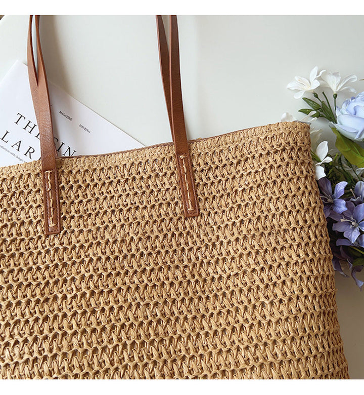 Noxord | Rattan Woven Bag with Leather Straps - SummerBreeze Tote