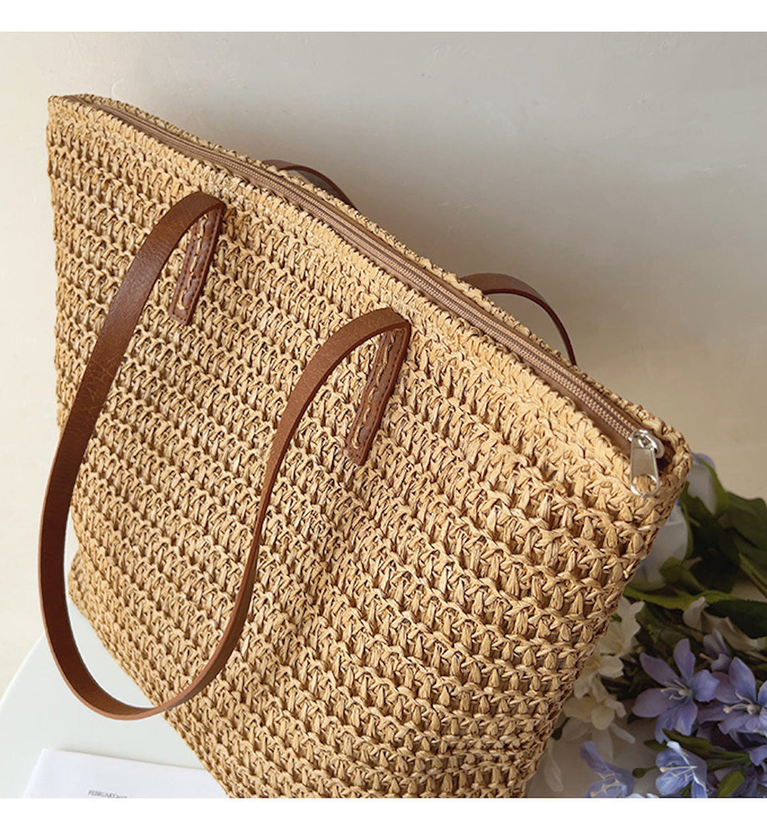 Noxord | Rattan Woven Bag with Leather Straps - SummerBreeze Tote