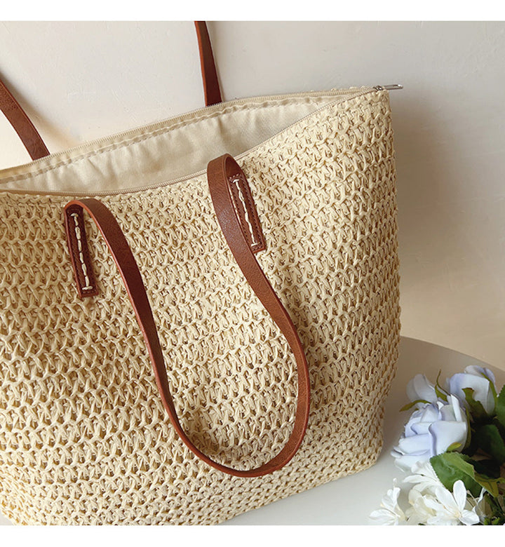 Noxord | Rattan Woven Bag with Leather Straps - SummerBreeze Tote