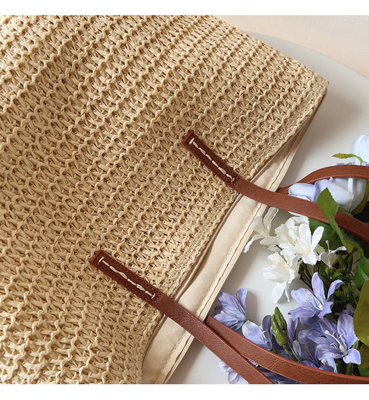 Noxord | Rattan Woven Bag with Leather Straps - SummerBreeze Tote