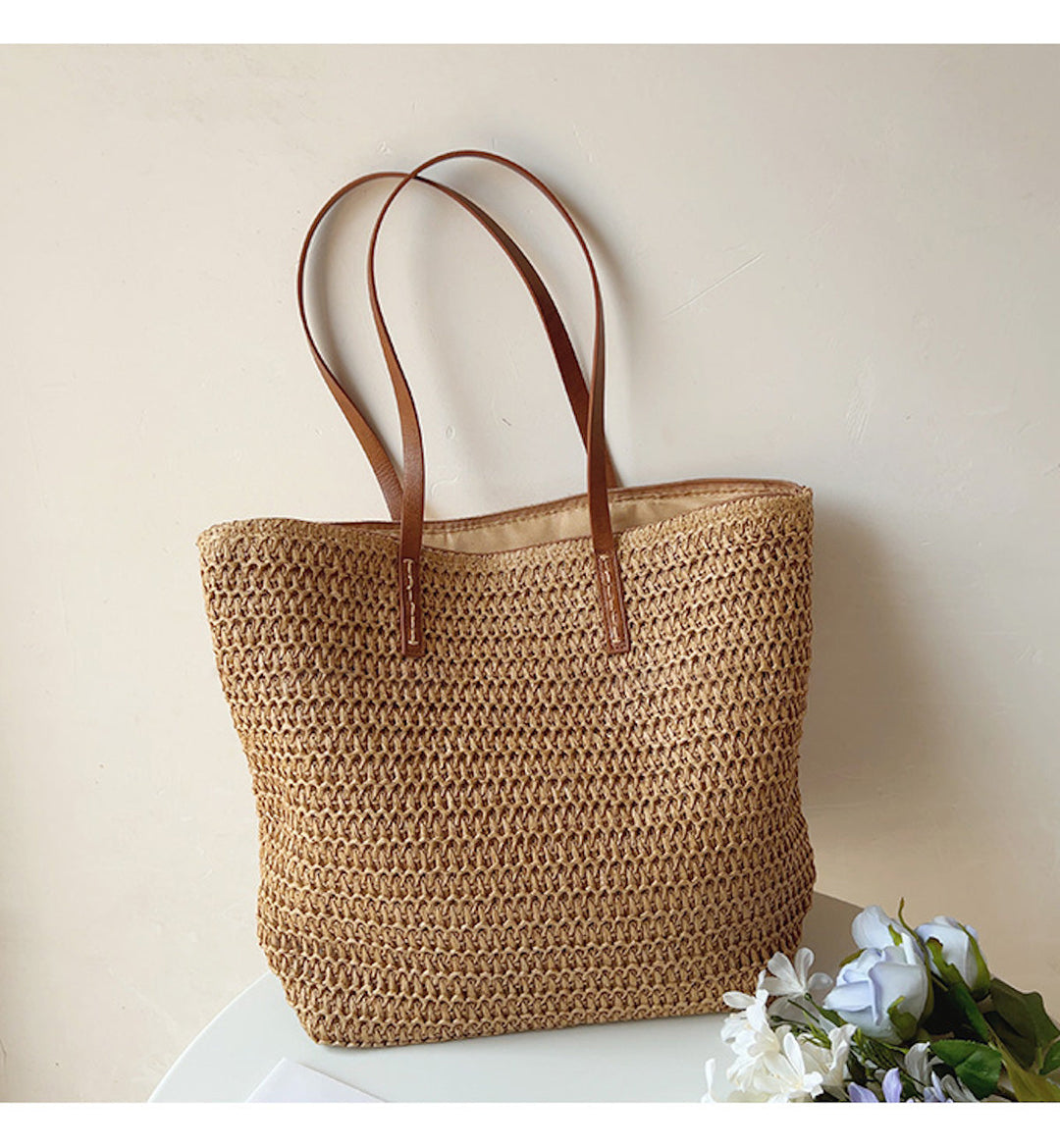 Noxord | Rattan Woven Bag with Leather Straps - SummerBreeze Tote