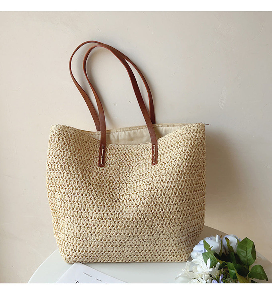 Noxord | Rattan Woven Bag with Leather Straps - SummerBreeze Tote