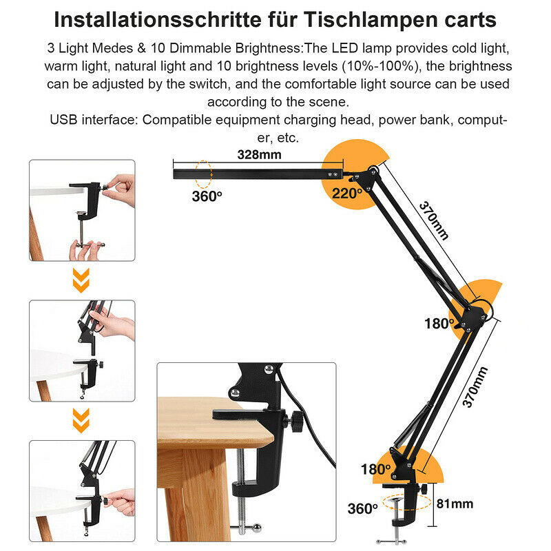 LED Desk Lamp Clamp Light Dimmable 10W | Kalsten