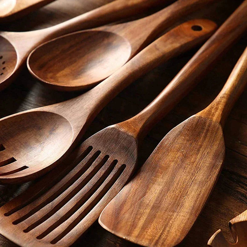 Sustainable Teak Wood Kitchen Utensils Set - Eco-Friendly Cooking Accessories | Kalsten