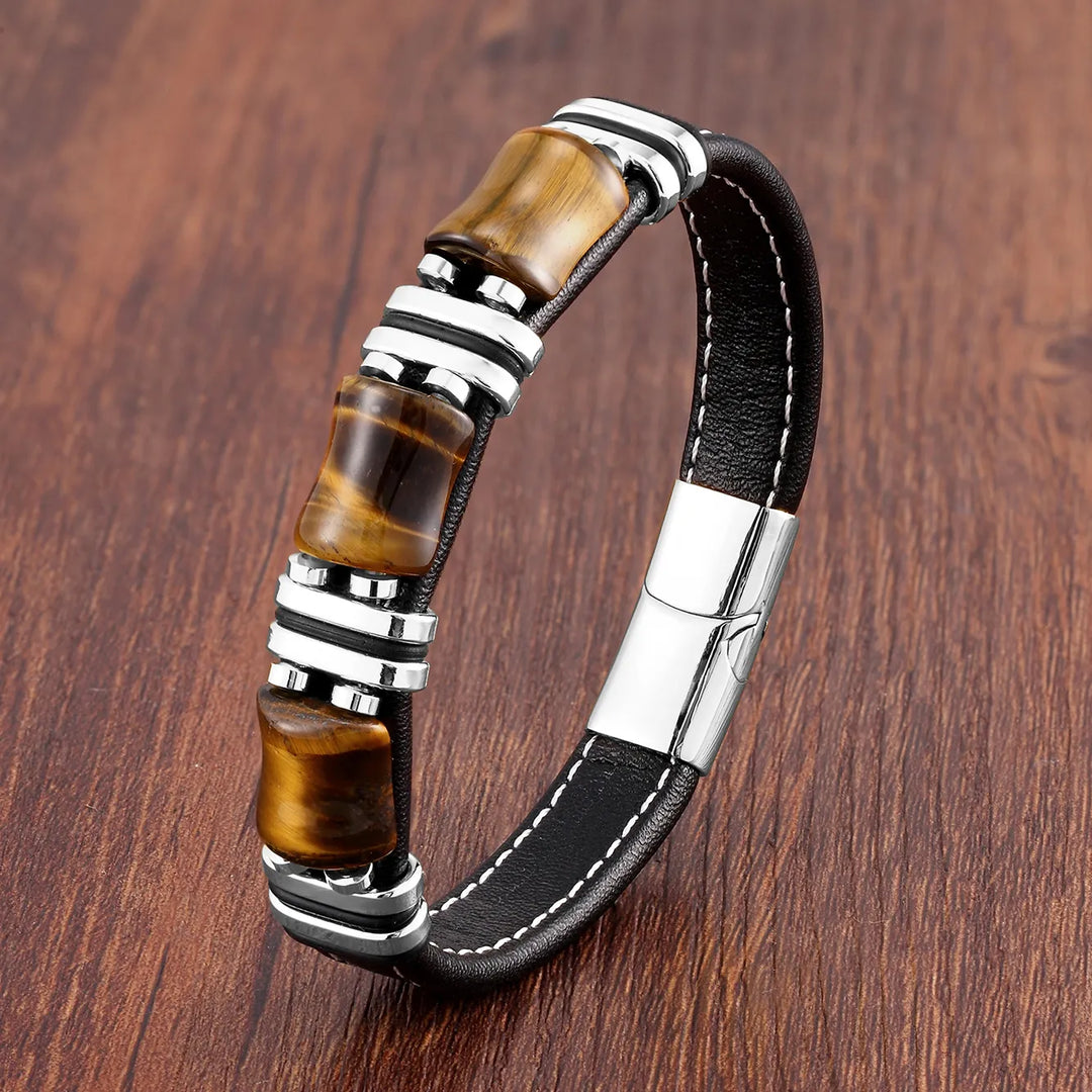 Men’s Leather Bracelet with Tiger Eye Beads Noxord