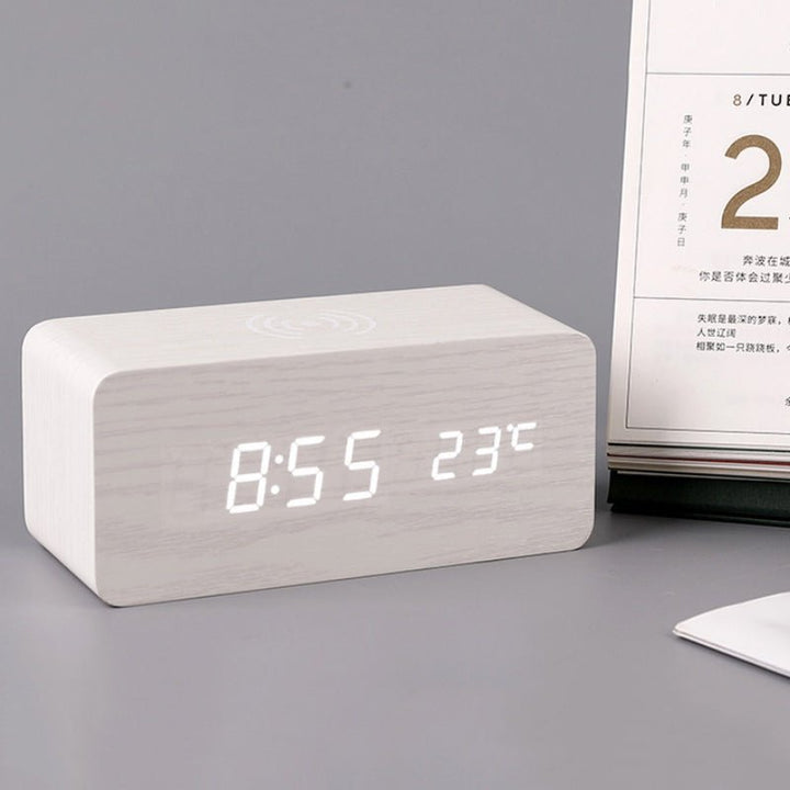 Wood Digital Alarm Clock with Wireless Charging
