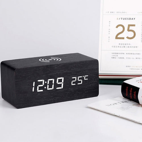 Wood Digital Alarm Clock with Wireless Charging