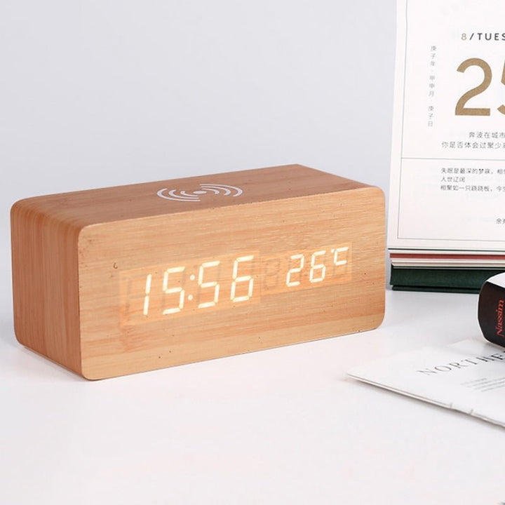 Wood Digital Alarm Clock with Wireless Charging